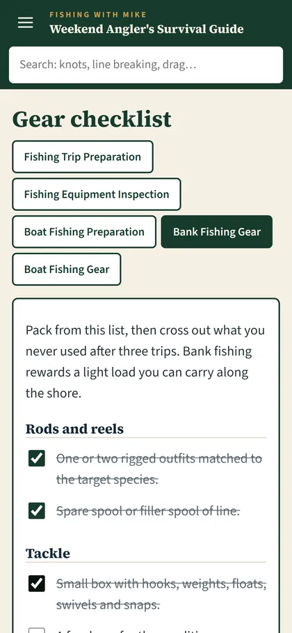 The gear checklist in the interactive guide